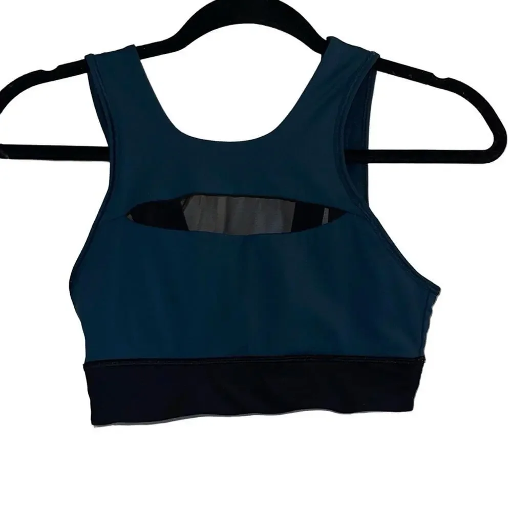 LULULEMON Run The Day Bra Submarine Teal Black Mesh Strappy Size 4